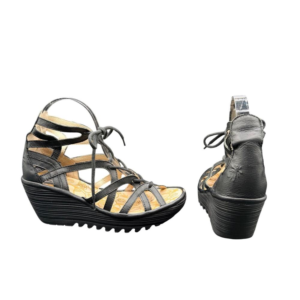 Fly London Black Leather Lace-Up Wedge Sandals EU 38 US 7.5-8